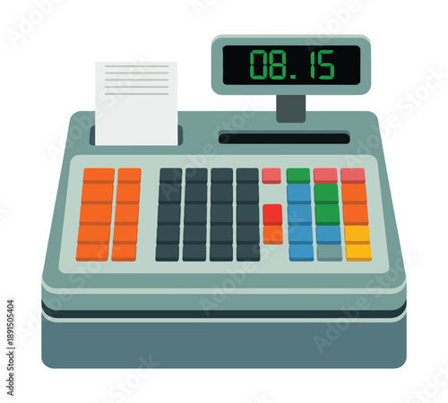 A vintage cash register with a digital display showing "08.15" and a receipt paper roll.