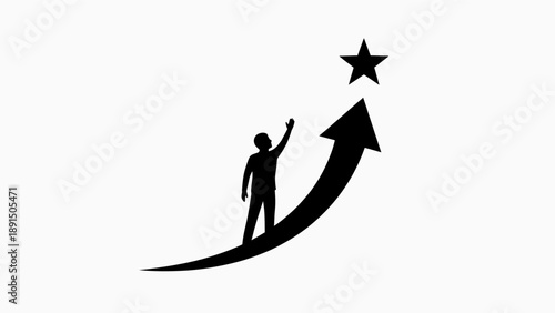 Silhouette of a person reaching for a star on an upward arrow.