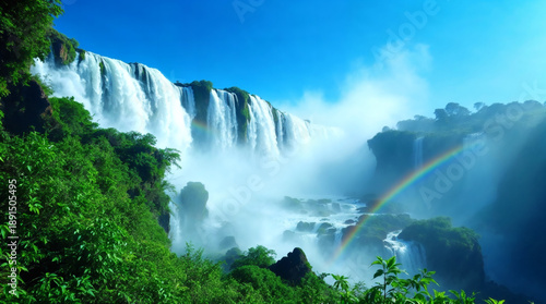 Majestic waterfall cascades under a vibrant rainbow and clear blue sky