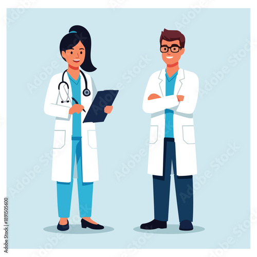A friendly and professional duo of doctors, a man and a woman, collaborating in a healthcare setting, representing medical expertise and patient care