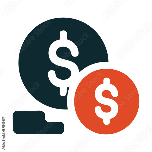 Two stylized coins with dollar signs, representing financial transactions and monetary value.