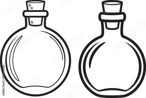 Empty glass bottles with cork stoppers, simple line drawings of round flasks, suggesting science, potions, or storage.