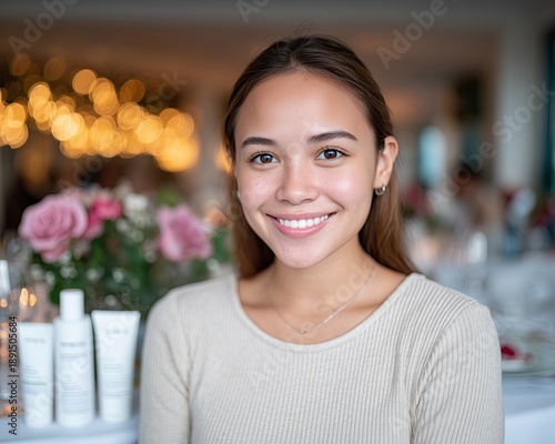 self-love concept ,An Asian woman enjoying a luxury Solo Valentine dinner at home, cozy atmosphere, rose petals, high-end skincare products nearby, aesthetic lifestyle
