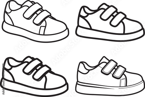 Outline illustration of four pairs of children's sneakers with velcro straps, perfect for active kids and casual wear. Vector graphics.