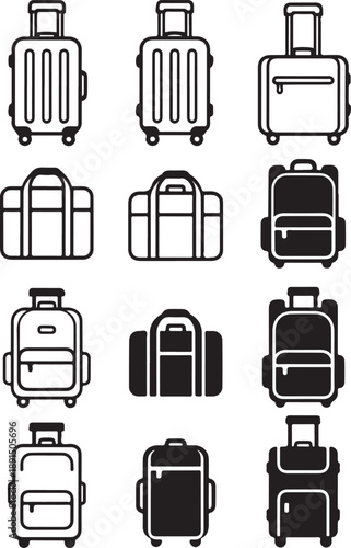 Various types of luggage and travel bags in black and white