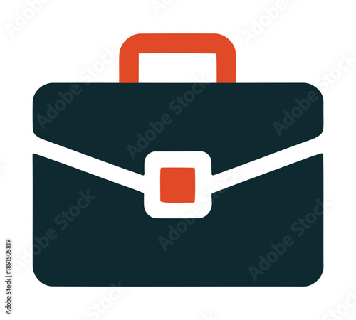 A dark blue briefcase with an orange handle and a small orange square detail on the front clasp, presented in a flat design style.