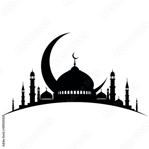 Elegant mosque silhouette with crescent moon on white background