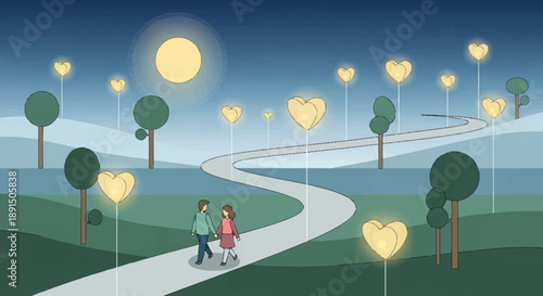 Couple Walking Hand in Hand on a Winding Path Under Heart Lights.