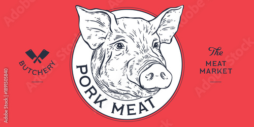 Pork, pig, hog, meat sketch, hand drawn. Template Meat Tag Label. Vintage print, tag, label, pig sketch pencil style drawing. Butchery pork pig head meat shop, text, typography. Vector Illustration