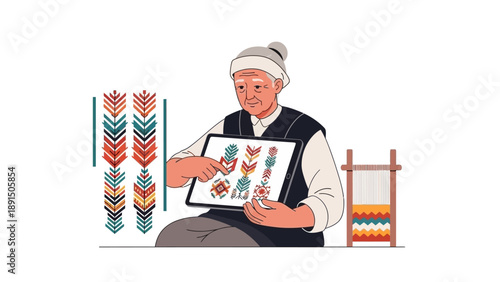 Elderly artisan proudly displays intricate textile designs and traditional weaving loom, showcasing cultural heritage and skilled craftsmanship