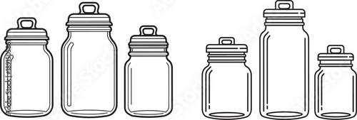 Set of Six Glass Mason Jars with Lids in Outline, Vintage and Modern Styles for Canning or Decor