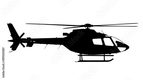 Silhouette of a helicopter in flight against white background.