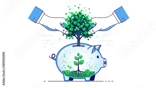Cultivating sustainable financial growth through dedicated investment, symbolizing a growing asset tree nurtured by protective hands within a digital piggy bank savings concept
