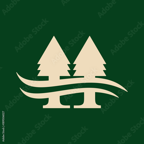 Minimalist letter H logo formed by pine trees and river symbol. Ideal for eco brand, forest company, outdoor business, nature resort, sustainable property, and environmental branding.