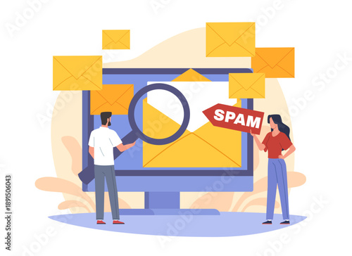 Unsolicited messages, malware distribution. Spam mailing list, orange message envelopes, inbox protection, envelopes on monitor, clean and secure with magnifying glass vector cartoon concept