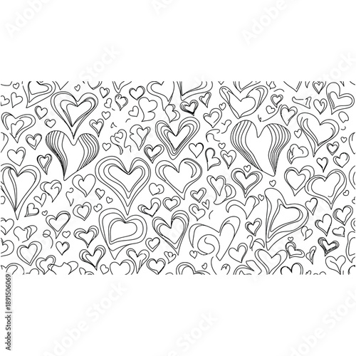 Whimsical hand drawn hearts pattern in black and white for love and romance designs