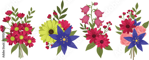 Set of colorful flower bouquets with red daisies blue lilies and pink bell flowers isolated on white background flat vector illustration for wedding invitation greeting card design.