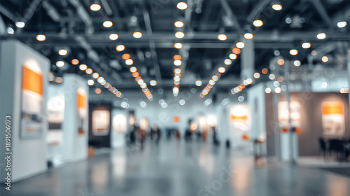 A blurred image of an exhibition hall filled with stands and visitors engaging in networking activities.