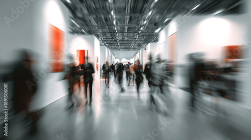 A blurred image of people walking through a modern art gallery, showcasing dynamic movement and a vibrant atmosphere.