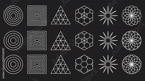A collection of abstract geometric shapes and symbols. These shapes are symmetrical and come in various forms, including circles, triangles, squares, and hexagons 