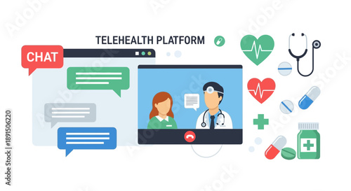 Telehealth Platform Illustration DoctorPatient Video Call Chat and Medical Icons.