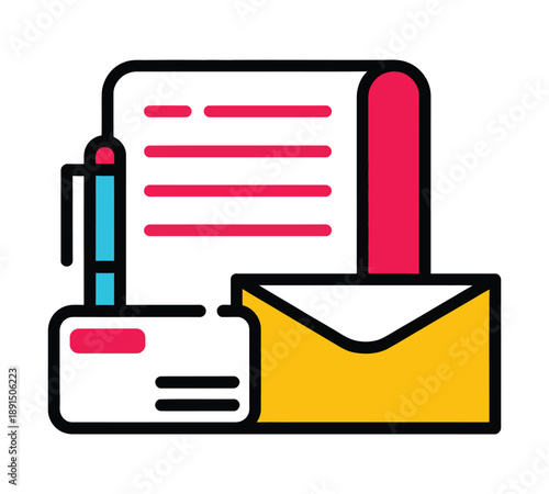 An illustration of a letter, envelope, and pen, symbolizing communication and correspondence.