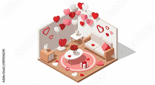 Romantic hotel room decorated with hearts and balloons for Valentine's Day celebration.