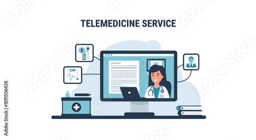 Telemedicine Service Illustration Doctor on Screen with Medical Icons and Supplies.