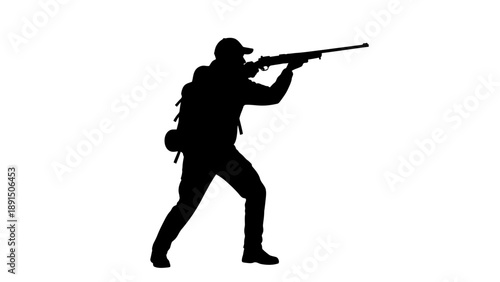 Silhouette of a Hunter Aiming a Rifle in a White Background.