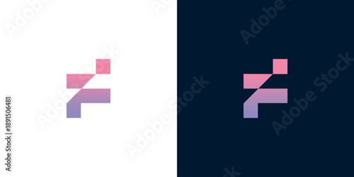 Geometric abstract letter F logo design with gradient colors on white and dark backgrounds, representing modern branding and digital identity