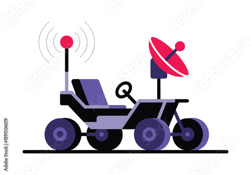 A stylized illustration of a futuristic rover with a satellite dish and antenna, designed for exploring extraterrestrial surfaces.