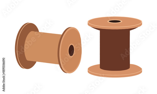 Two wooden spools, one lying on its side and the other standing upright, against a white background.