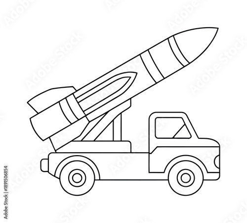 A black and white line drawing of a missile launcher truck with a missile raised and ready to fire.