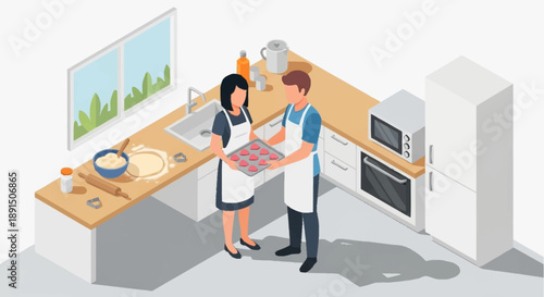 Couple Cooking Together in Modern Kitchen with White Cabinets and Wooden Countertops.