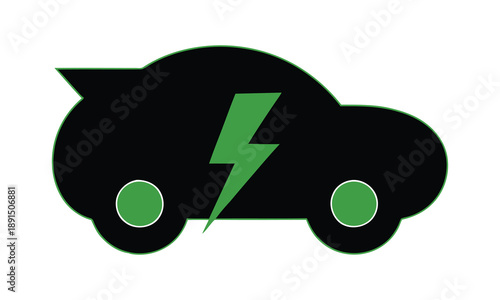 A stylized black silhouette of an electric car with a green lightning bolt symbol indicating its power source.