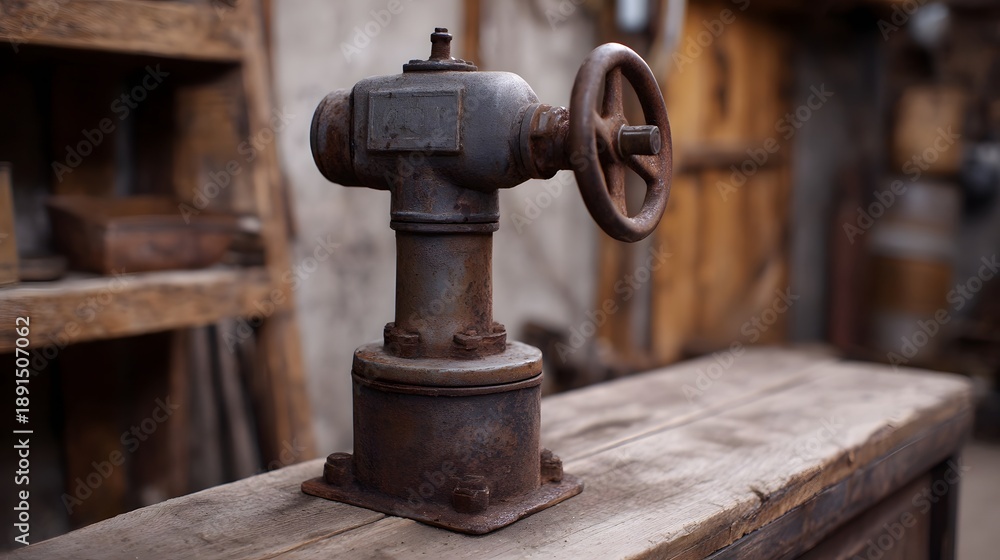 Fototapeta premium A rusty old industrial valve with a handwheel sits on a weathered wooden surface in a vintage workshop