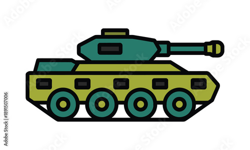 A stylized illustration of a military tank with a green turret and olive green body, featuring multiple wheels and a prominent cannon.