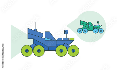 Stylized illustration of a blue and green robotic rover with a smaller green rover in a thought bubble, representing exploration.