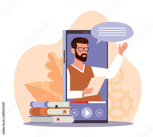Tutorials. Online lectures and education courses, virtual school, distance learning, video lesson or webinar, teacher on smartphone device screen, mobile app vector cartoon isolated concept