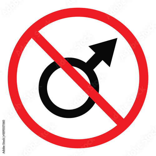 Male gender symbol with a red prohibition sign. Mars symbol with a strike-through circle representing gender restrictions, "no men allowed," or sex-based exclusion concepts in a flat style.