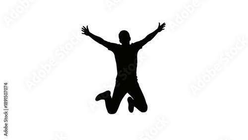 Silhouette of a joyful man jumping with arms raised in celebration.