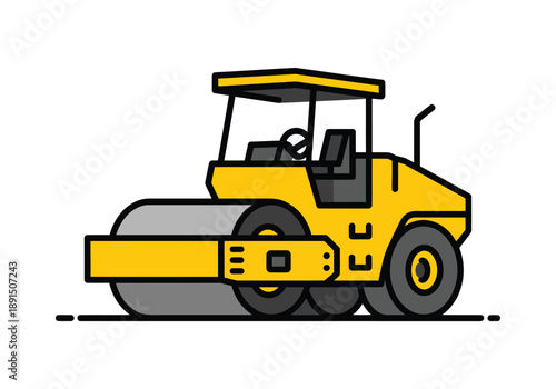 A bright yellow road roller machine with a driver's cabin, used for compacting surfaces in construction.
