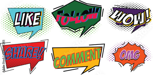 Social media comic speech bubble set with like follow wow share comment omg text, colorful pop art stickers and halftone effects for digital marketing design