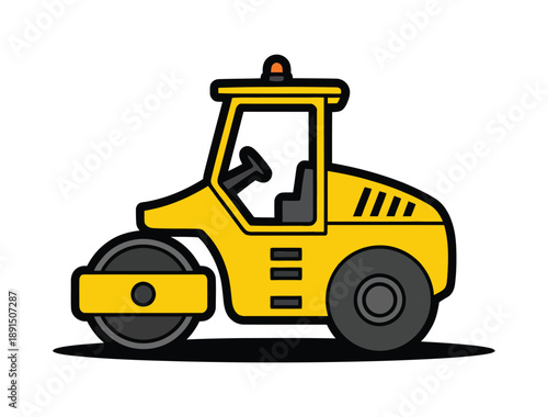 Simple cartoon illustration of a yellow road roller with a cabin and a single front drum, used for construction and compacting surfaces.