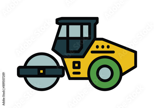 A yellow and grey steamroller or road roller construction vehicle with a large front roller and rear wheels, depicted in a flat, stylized illustration.