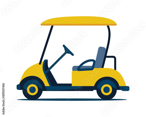 A simple, stylized illustration of a bright yellow golf cart with a blue seat and wheels, set against a white background.