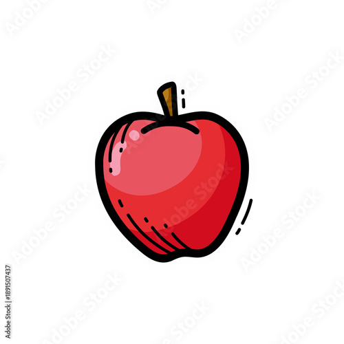 A vibrant, hand-drawn red apple illustration with a brown stem and black outlines, depicting a fresh and healthy fruit in a simple cartoon style.