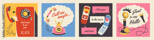 Retro phone banners. Long distance conversations devices, retro apparatus with tubes, wires and dial discs, push buttons, speech fun text bubbles cartoon flat isolated tidy vector set