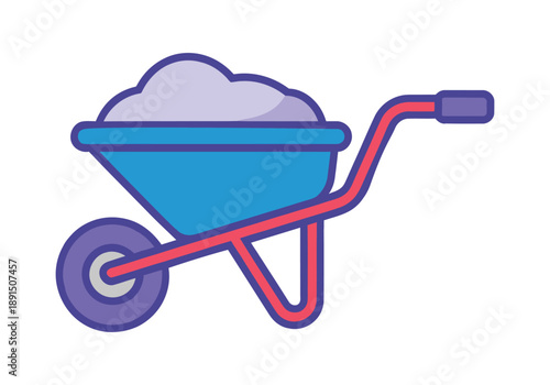 A cartoon illustration of a blue wheelbarrow with a red frame, purple wheel, and handle, filled with light grey material, on a white background.