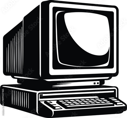 Old desktop computer setup including a cathode ray tube monitor keyboard and wired mouse silhouette illustration